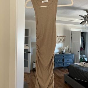 Tan Ruched Sleeveless Bodycon Midi Dress